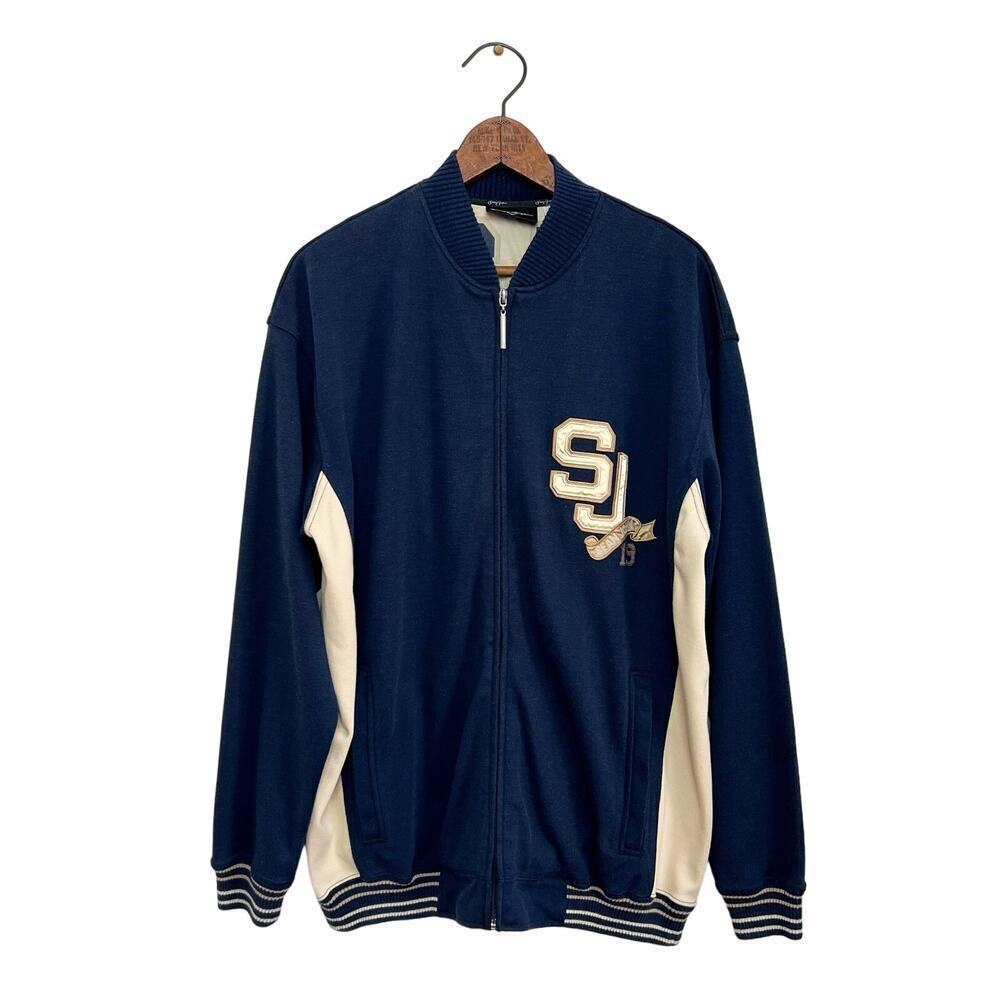 Vintage Sean John Y2K Navy Blue Embroidered Logo Varsity Jacket Mens Medium‎